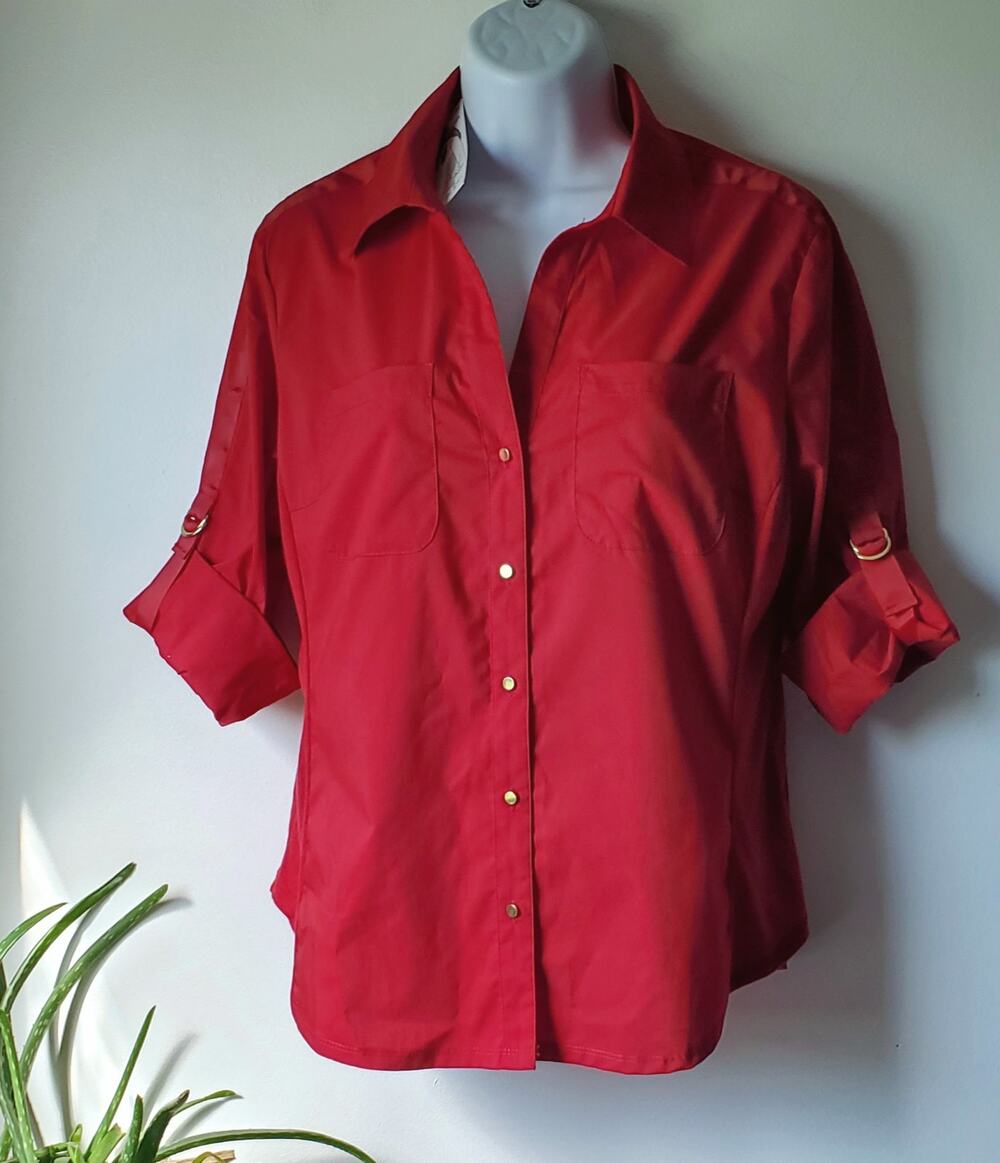 Zac & Rachel Womens Red Button Down Blouse Size Petite Large Preppy Classic Fall
